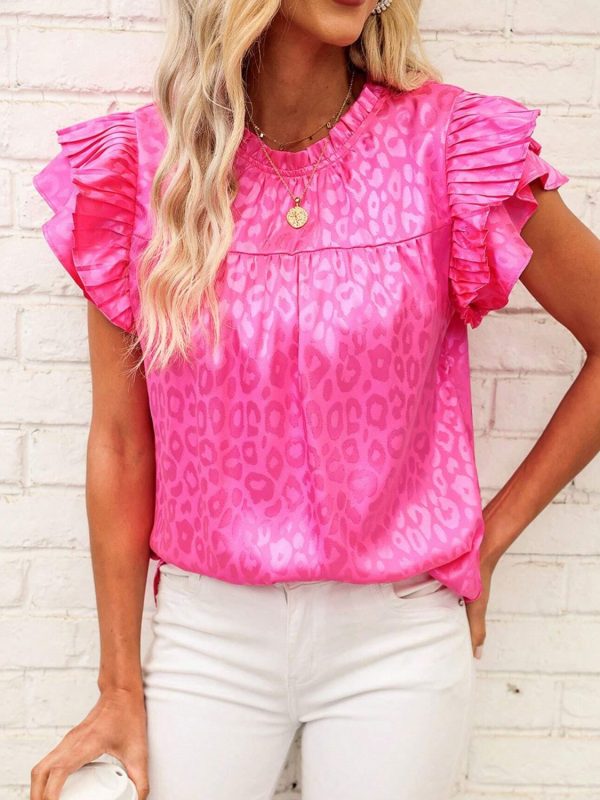 Leopard Frill Mock Neck Ruffled Cap Sleeve Top Hot on Sale