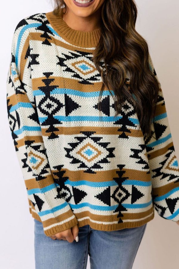 Geometric Round Neck Long Sleeve Sweater Supply