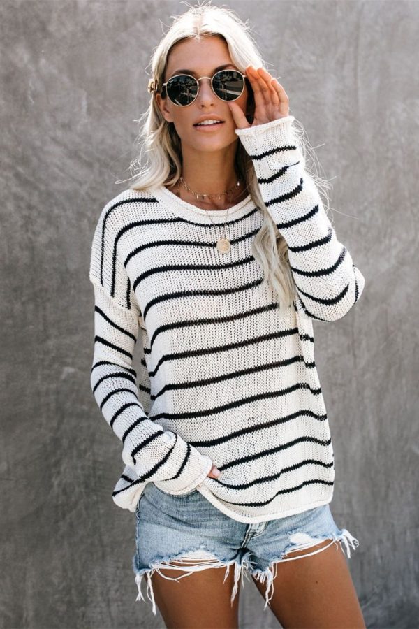 Striped Round Neck Drop Shoulder Sweater on Sale