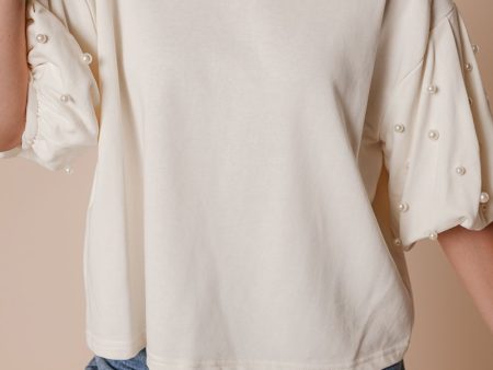 Pearl Detail Round Neck Half Sleeve Blouse For Sale