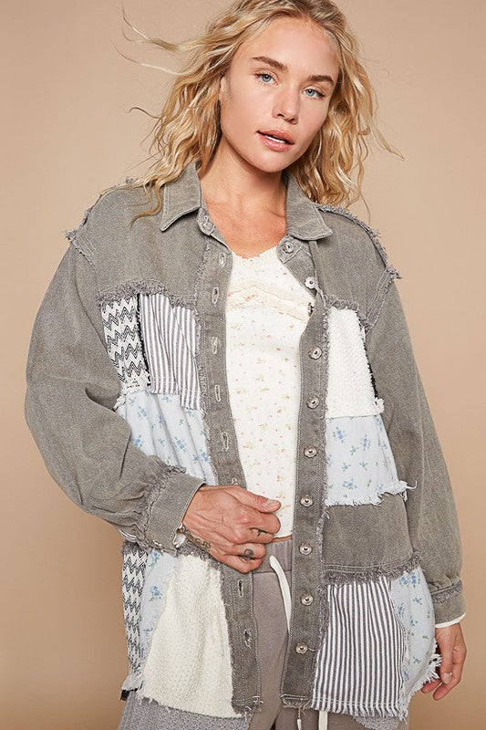 POL Raw Hem Patchwork Dropped Shoulder Jacket Sale