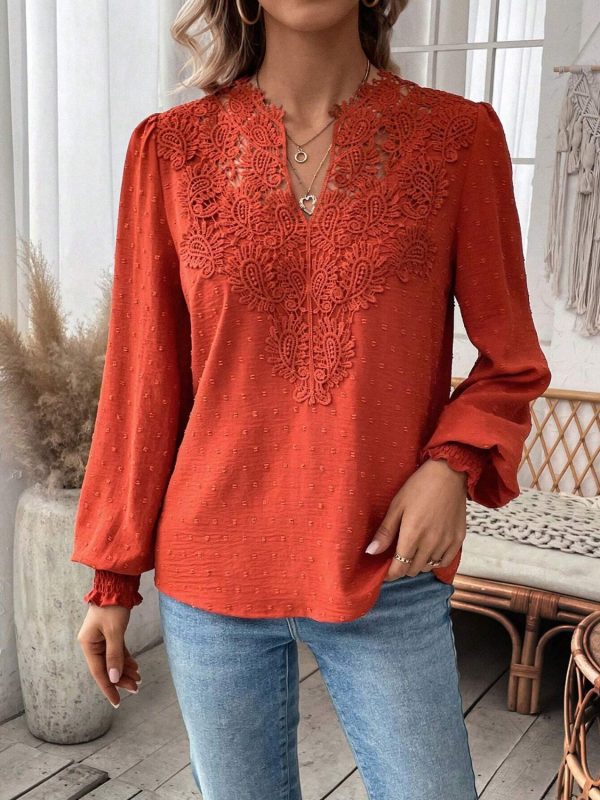 Swiss Dot Lace Detail Notched Long Sleeve Blouse For Discount