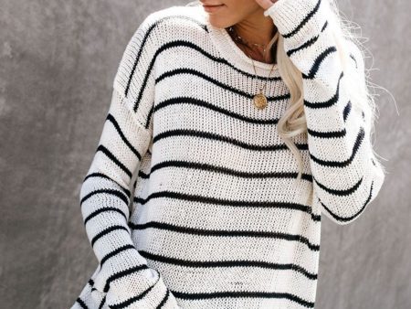 Striped Round Neck Drop Shoulder Sweater on Sale