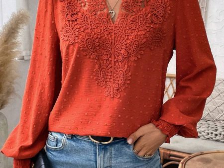 Swiss Dot Lace Detail Notched Long Sleeve Blouse For Discount