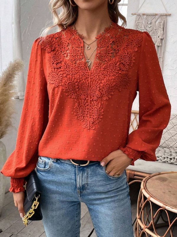 Swiss Dot Lace Detail Notched Long Sleeve Blouse For Discount