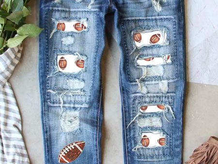 Distressed Football Straight Jeans Hot on Sale