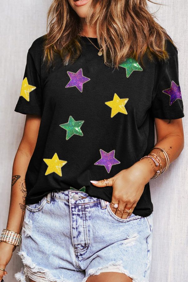 Sequin Stars Patched Round Neck T-Shirt Online