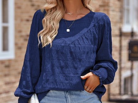 Ruched Round Neck Lantern Sleeve Blouse Hot on Sale