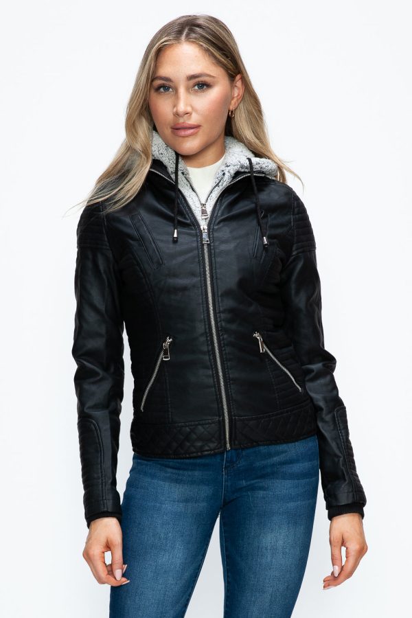 YMI Faux Layered Double-Zipper Jacket with Fuzzy Hood Online now