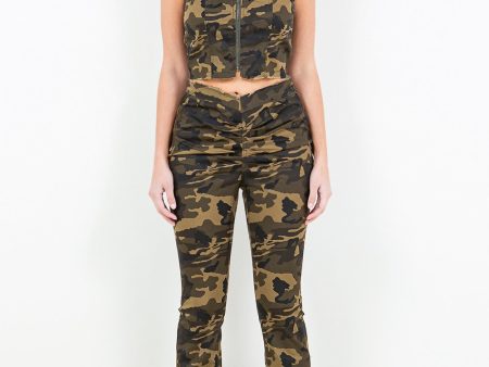 American Bazi V-Cut Ruched Camo Flare Pants Sale